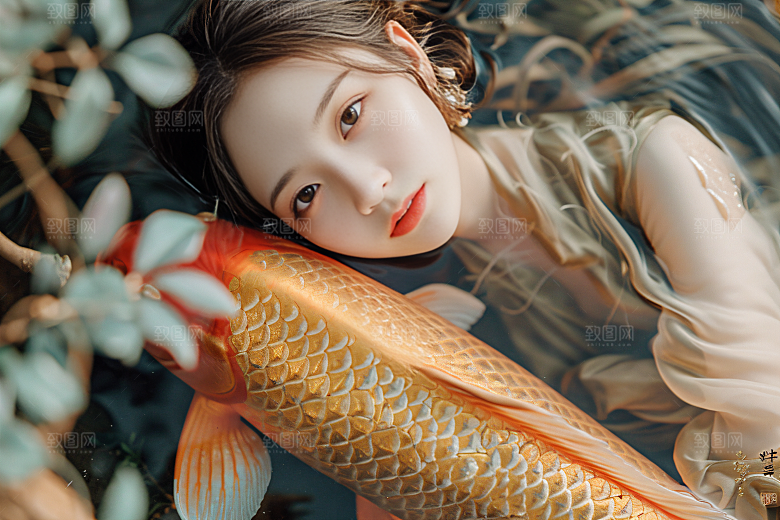 锦鲤和女孩唯美春节摄影图