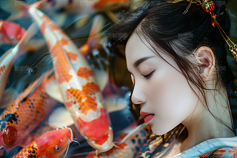锦鲤和女孩中式好运摄影图