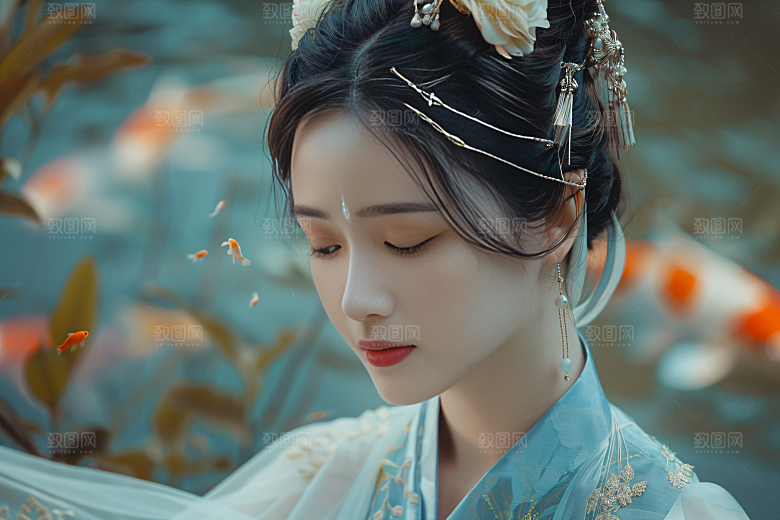 锦鲤和女孩祝福新年摄影图