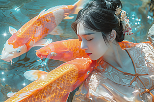 锦鲤和女孩中国风春节摄影图