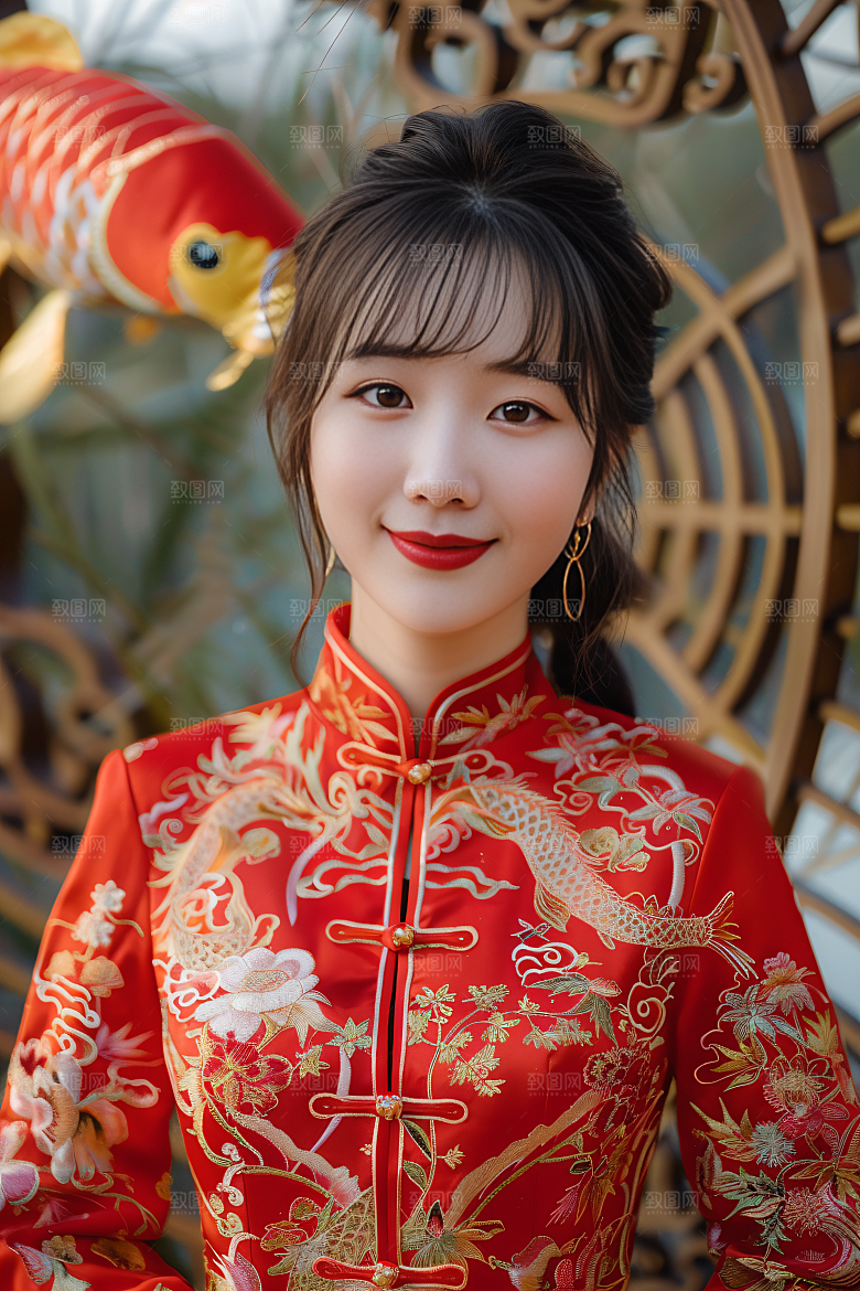 锦鲤和女孩波光粼粼柔美摄影图