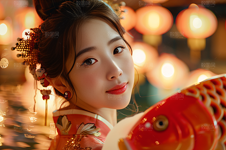 锦鲤和女孩祈福新年摄影图