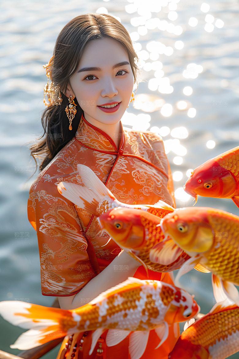 锦鲤和女孩柔美肖像摄影图