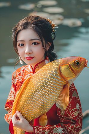 锦鲤和女孩春节喜庆摄影图