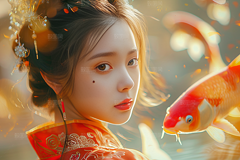 锦鲤和女孩柔美波光粼粼摄影图