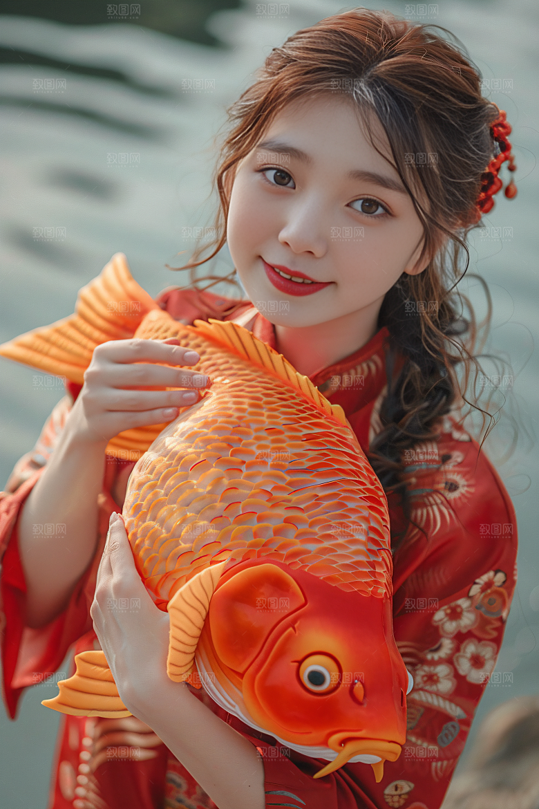 锦鲤和女孩好运喜庆摄影图