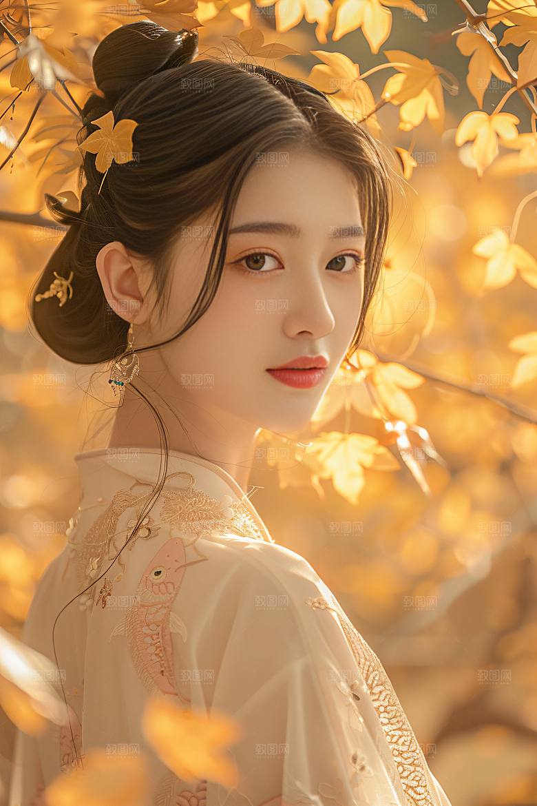 锦鲤和女孩新年喜庆摄影图