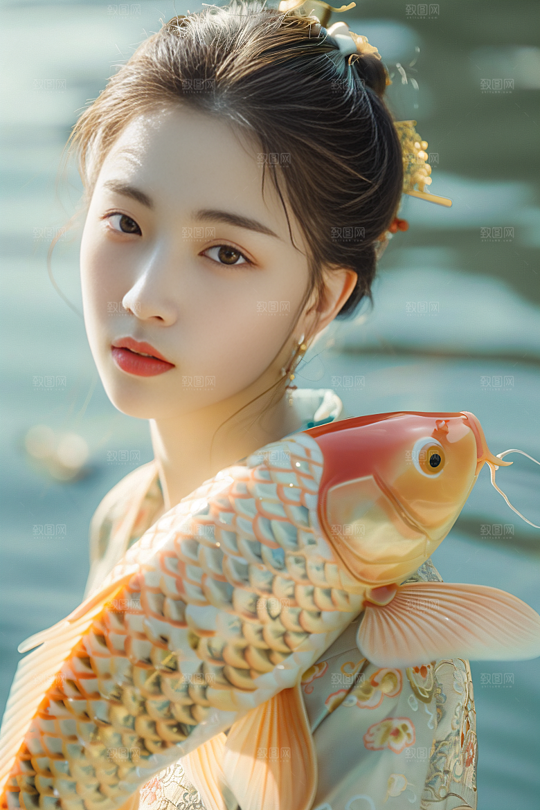 锦鲤和女孩肖像祝福摄影图
