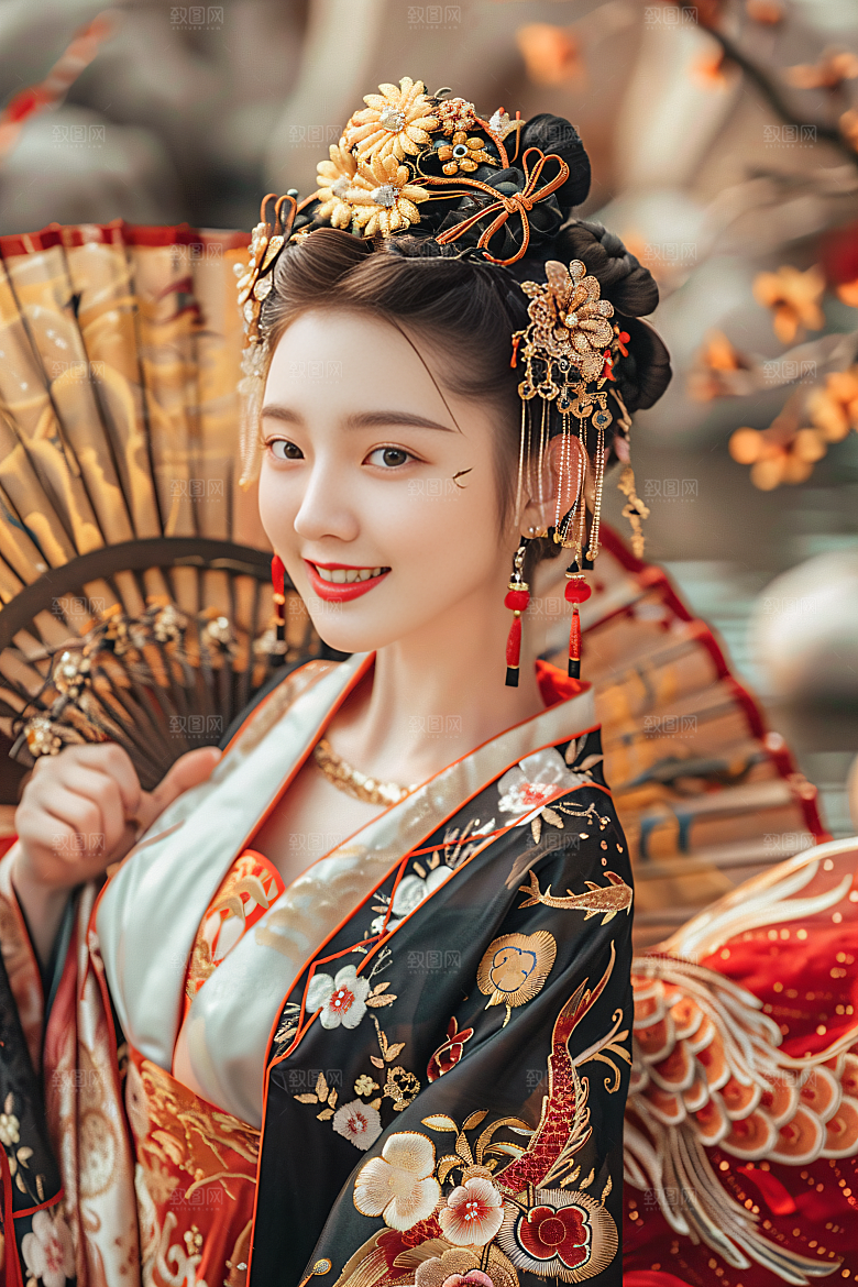 锦鲤和女孩唯美新年摄影图