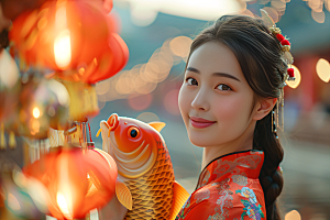 锦鲤和女孩柔美中国风摄影图