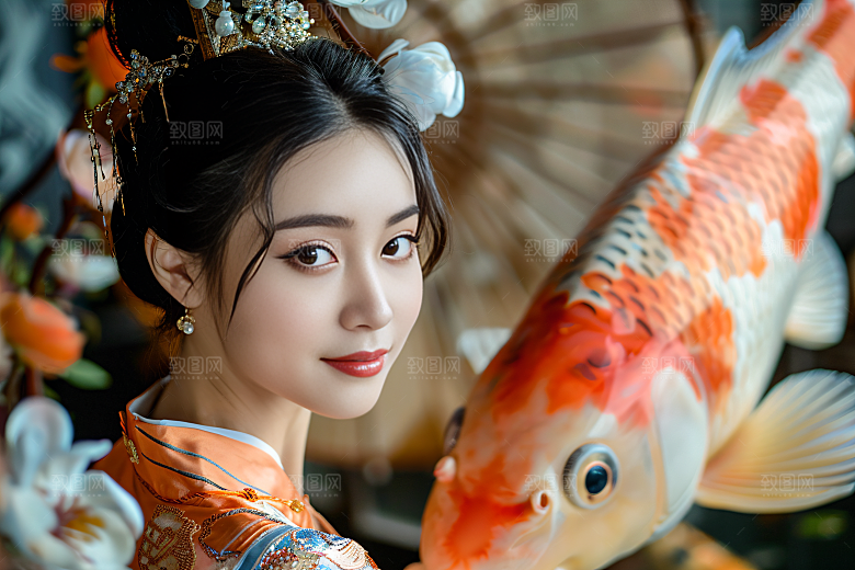 锦鲤和女孩肖像人物摄影图