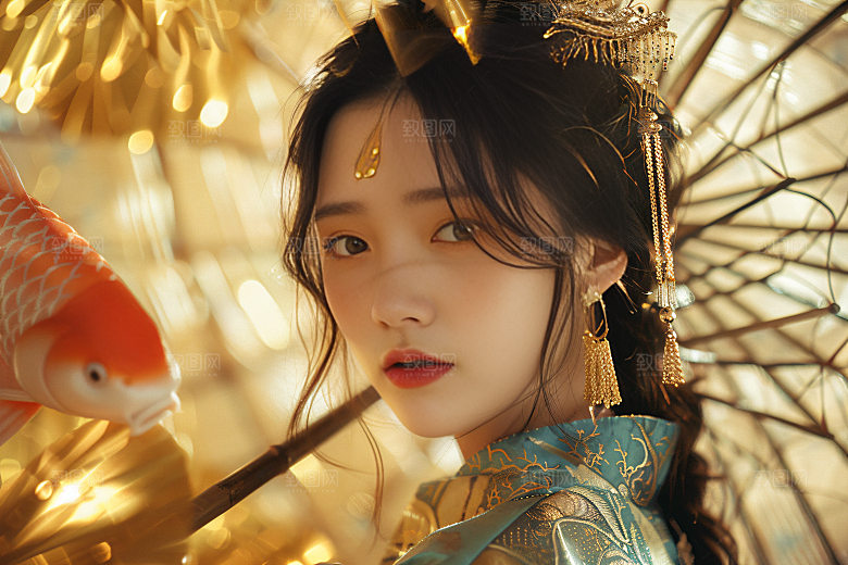 锦鲤和女孩祈福新年摄影图