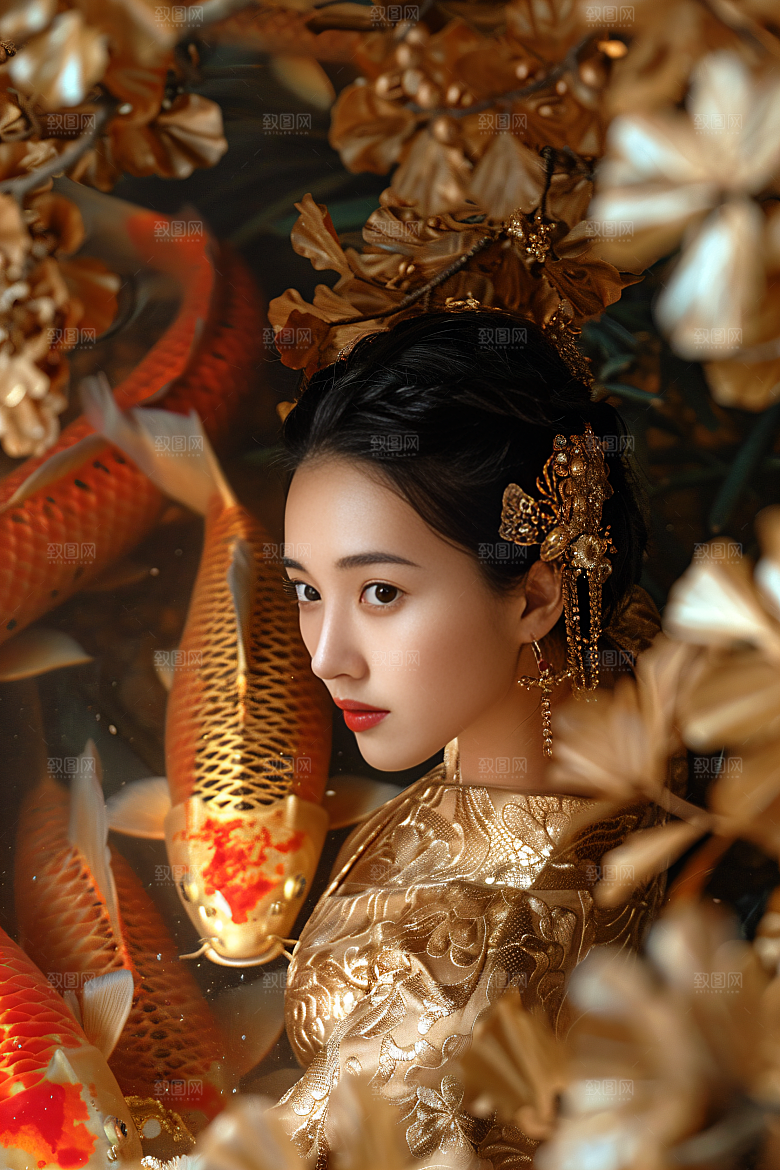 锦鲤和女孩好运祝福摄影图
