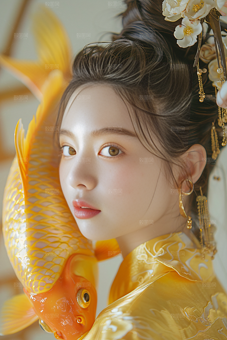 锦鲤和女孩唯美中式摄影图