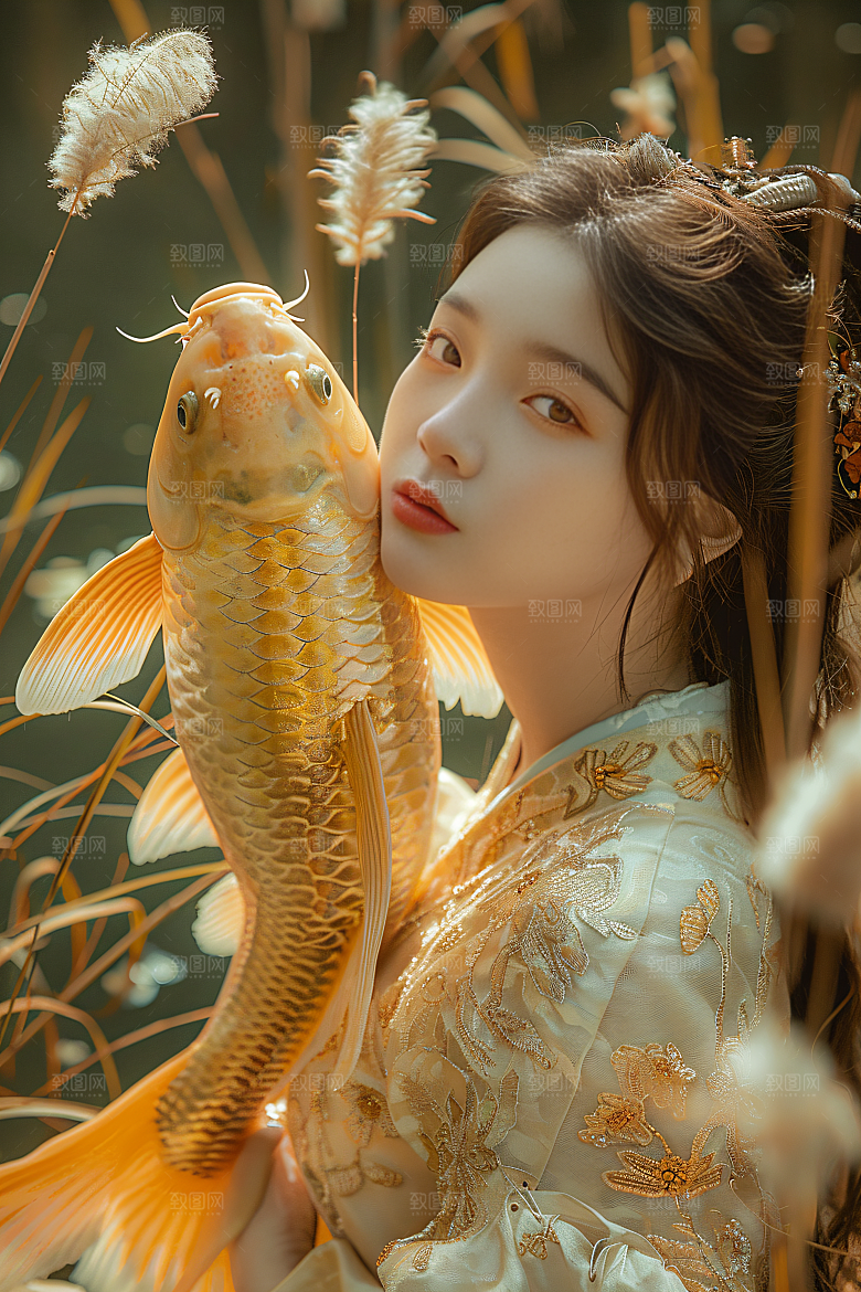 锦鲤和女孩柔美春节摄影图