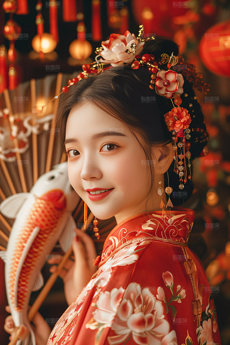 锦鲤和女孩新年春节摄影图