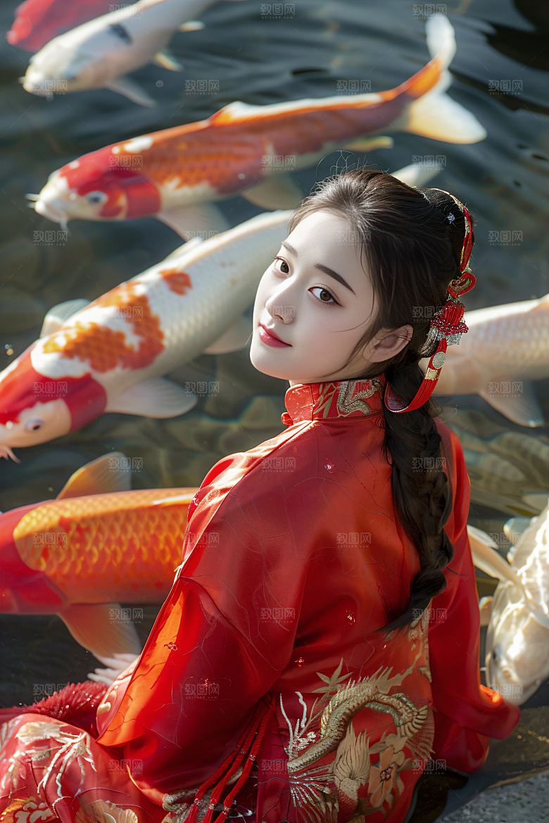 锦鲤和女孩新年喜庆摄影图