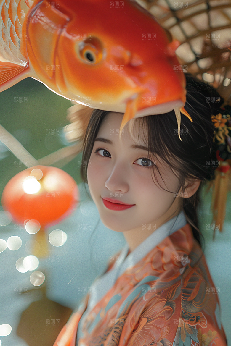 锦鲤和女孩中国风唯美摄影图