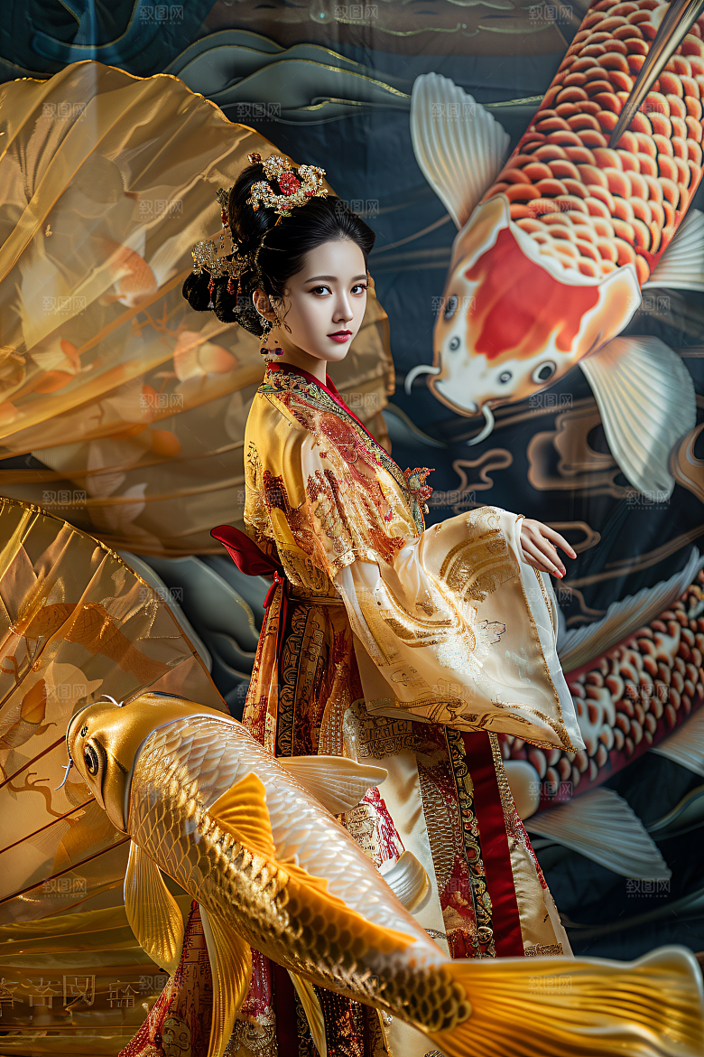 锦鲤和女孩好运唯美摄影图