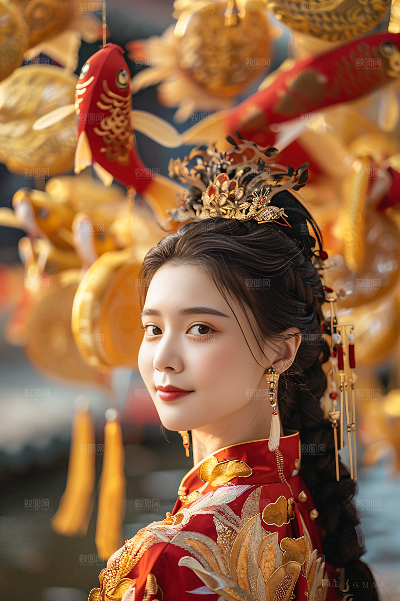 锦鲤和女孩肖像柔美摄影图
