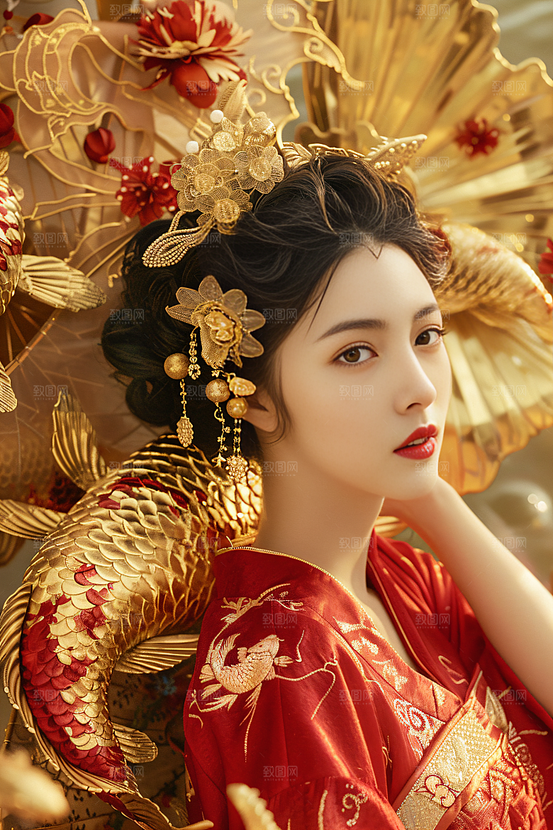 锦鲤和女孩中式唯美摄影图