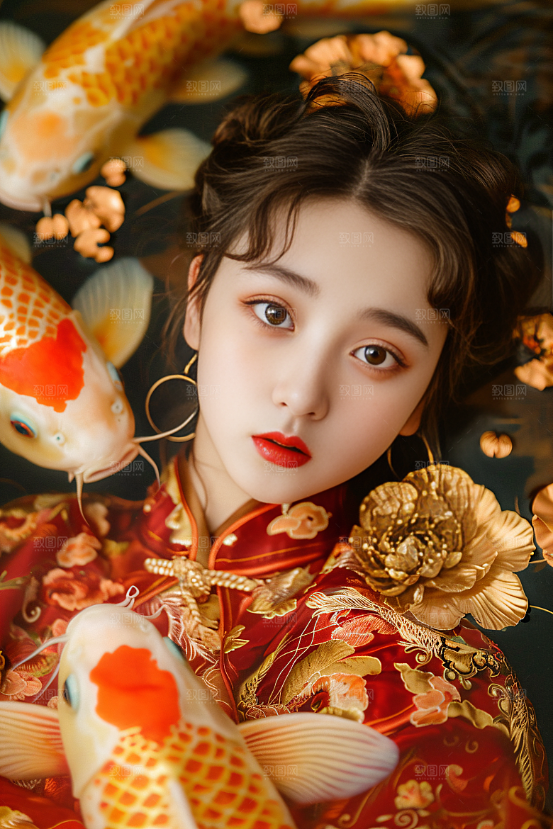 锦鲤和女孩人物喜庆摄影图