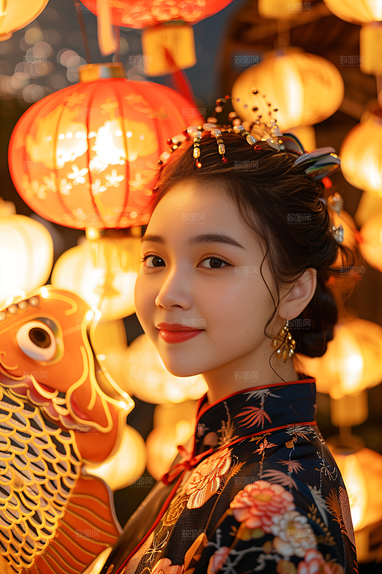 锦鲤和女孩肖像唯美摄影图