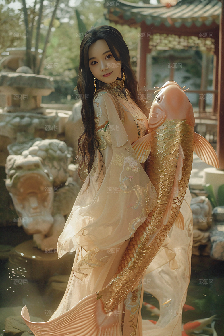 锦鲤和女孩中国风肖像摄影图