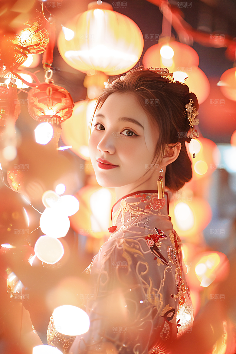 锦鲤和女孩好运祈福摄影图