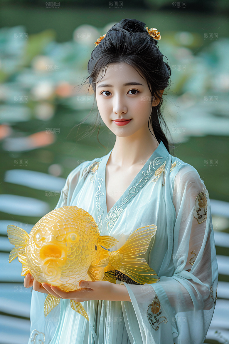 锦鲤和女孩中国风肖像摄影图