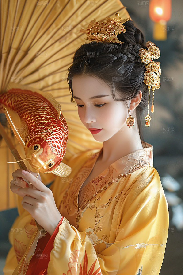 锦鲤和女孩新年肖像摄影图