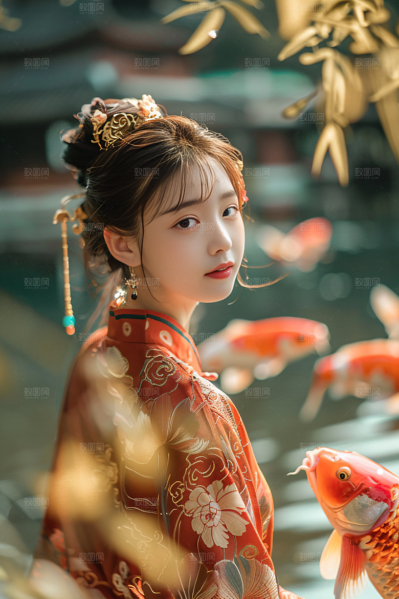 锦鲤和女孩好运祈福摄影图
