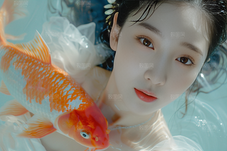 锦鲤和女孩中式肖像摄影图
