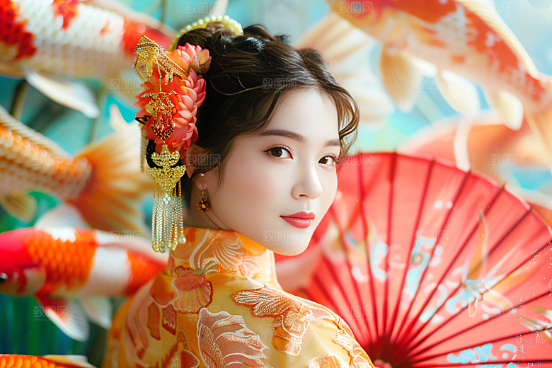 锦鲤和女孩好运祈福摄影图