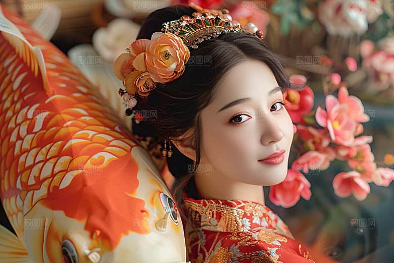 锦鲤和女孩柔美春节摄影图