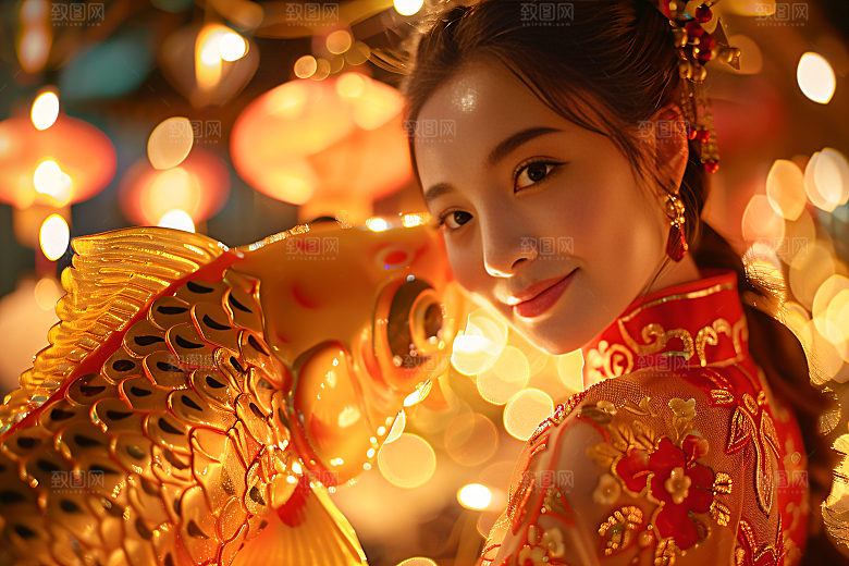 锦鲤和女孩中国风喜庆摄影图
