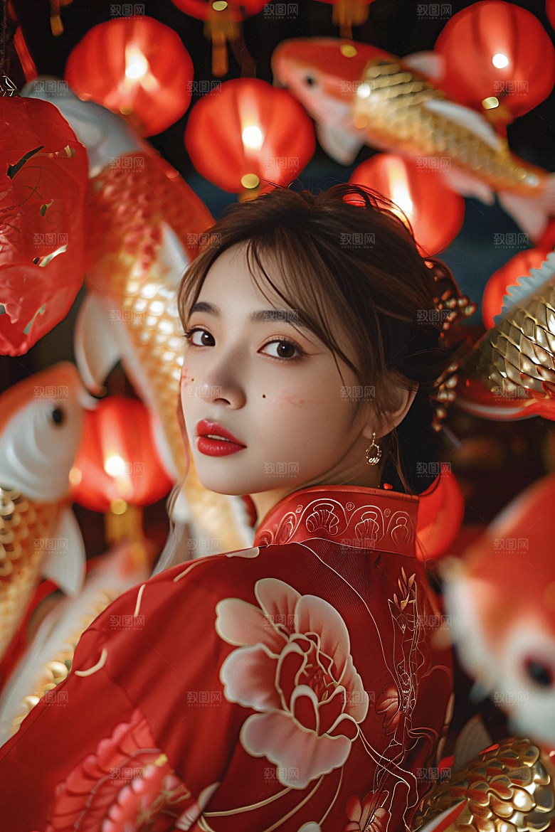 锦鲤和女孩好运中式摄影图
