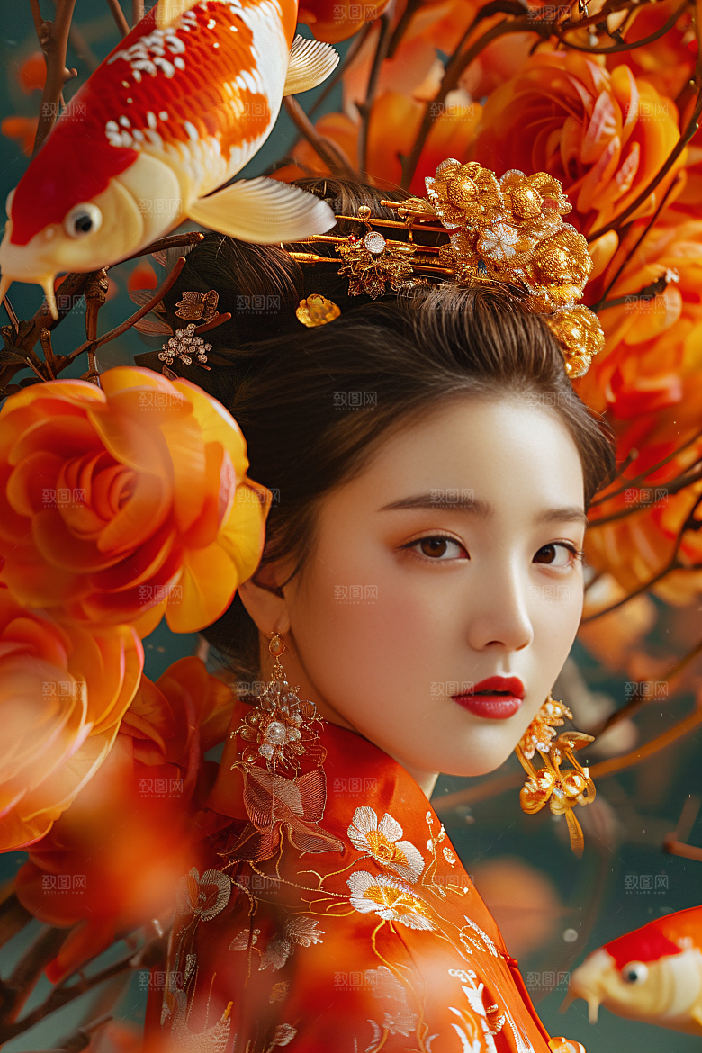 锦鲤和女孩祝福人物摄影图