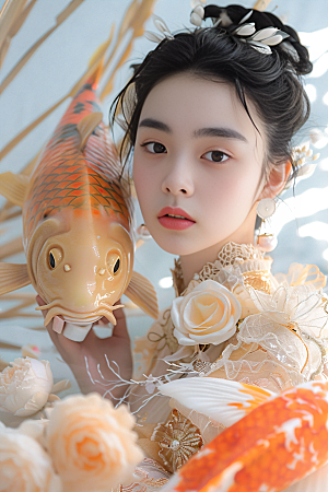 锦鲤和女孩春节中式摄影图