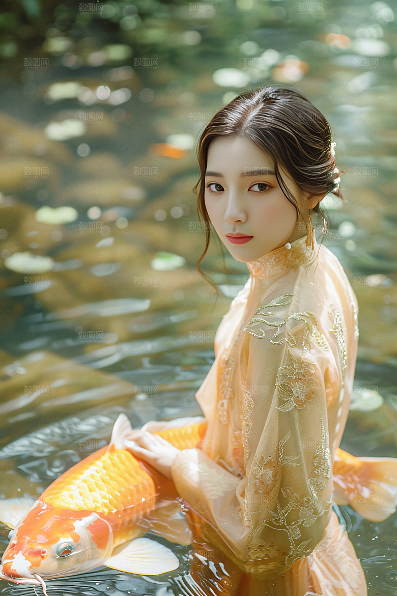 锦鲤和女孩祝福春节摄影图