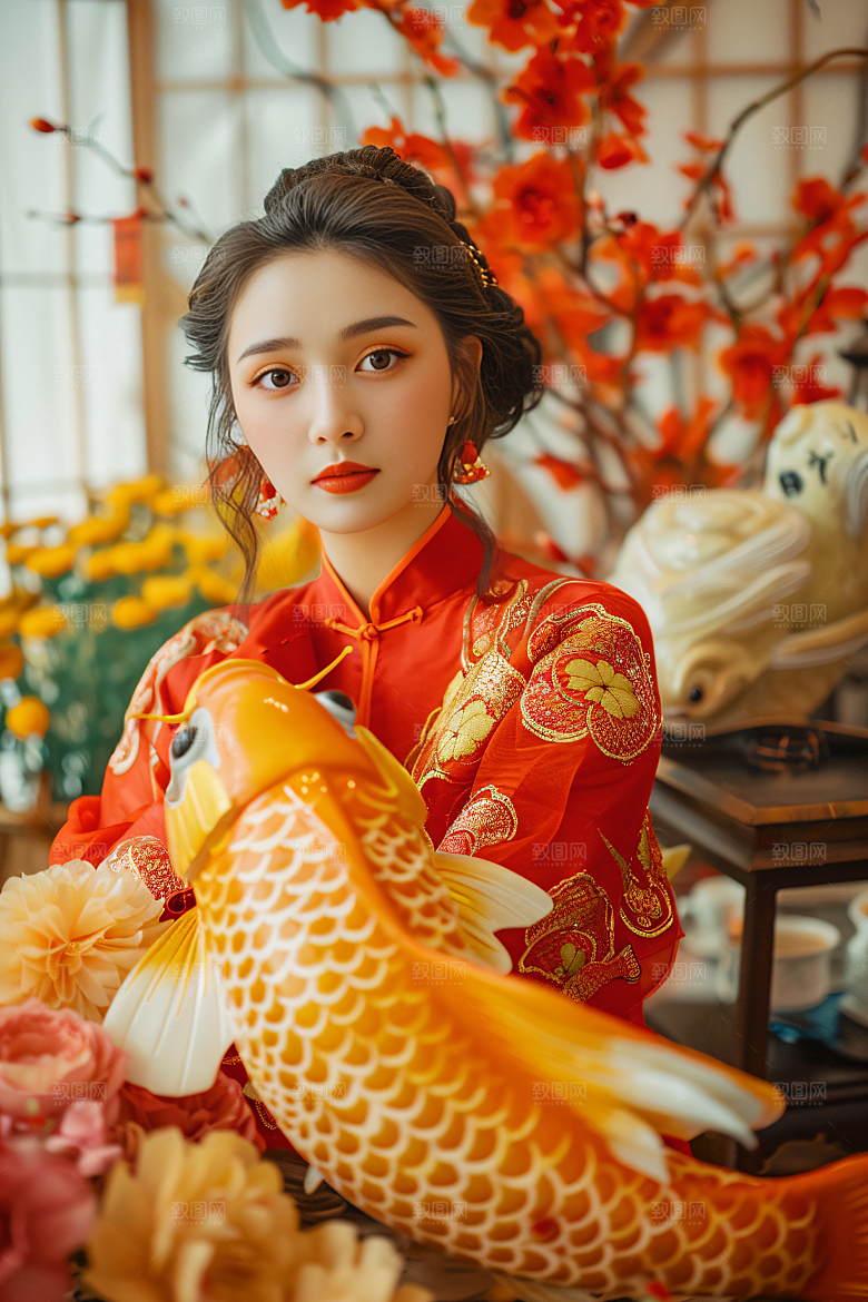 锦鲤和女孩祈福喜庆摄影图