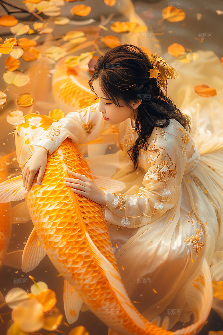 锦鲤和女孩柔美好运摄影图