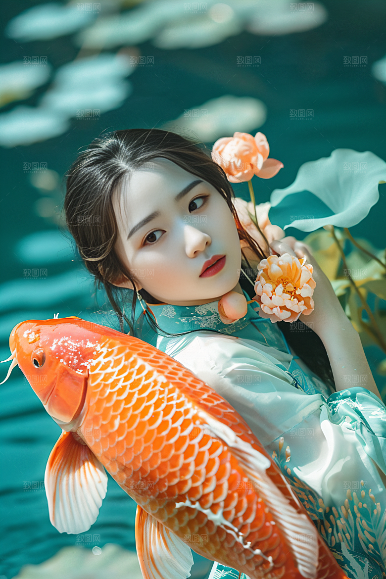 锦鲤和女孩波光粼粼祝福摄影图