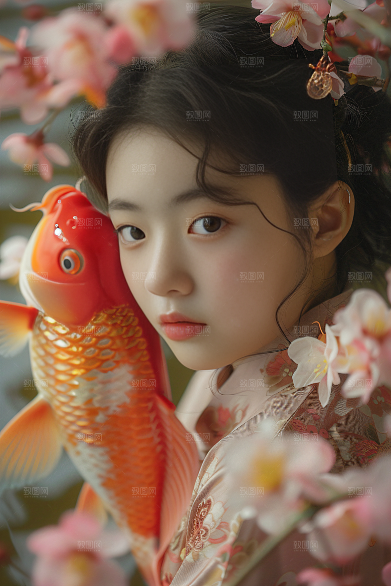 锦鲤和女孩祝福唯美摄影图