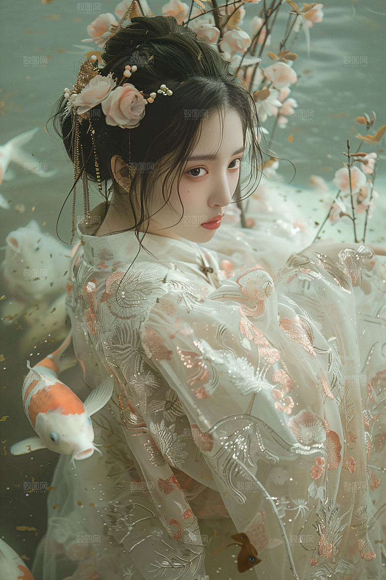 锦鲤和女孩祝福喜庆摄影图