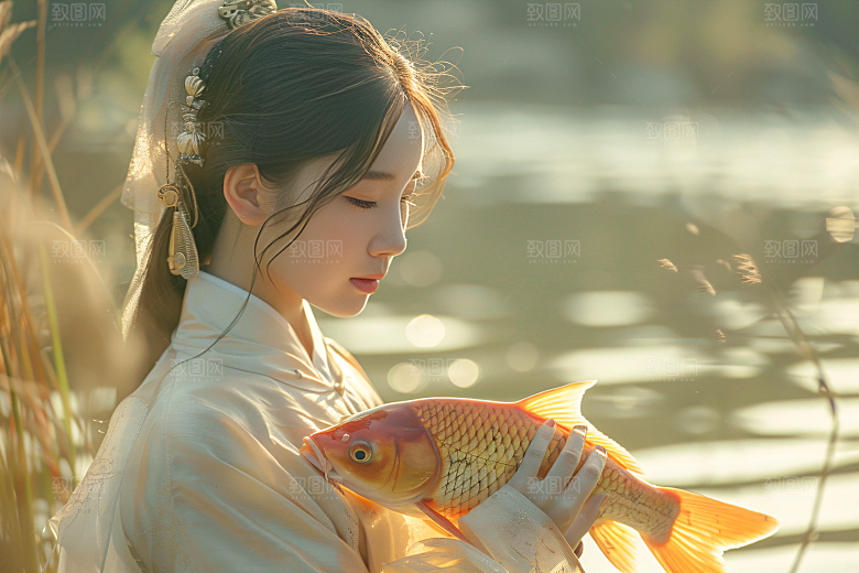锦鲤和女孩喜庆波光粼粼摄影图