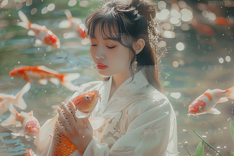 锦鲤和女孩中式唯美摄影图