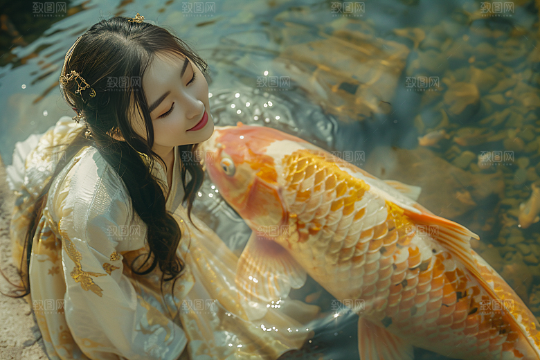 锦鲤和女孩喜庆新年摄影图