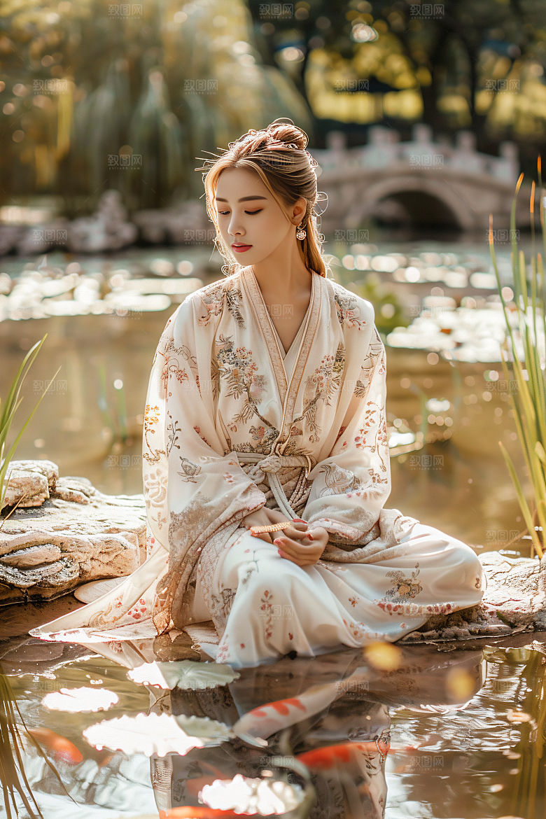 锦鲤和女孩人物中式摄影图