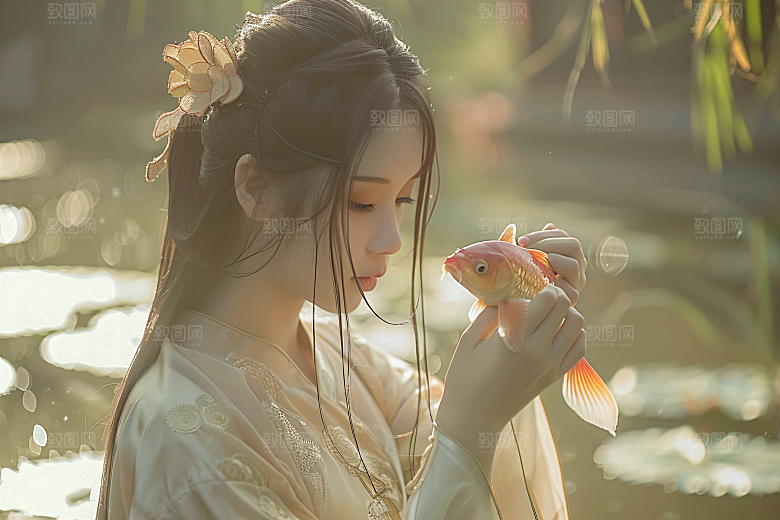 锦鲤和女孩新年好运摄影图